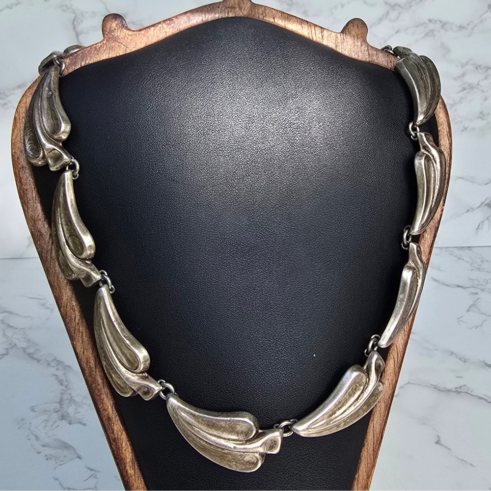 Vintage Taxco Mexico 925 Sterling Silver Leaf Link Necklace Eagle 3 & S.B. 47g